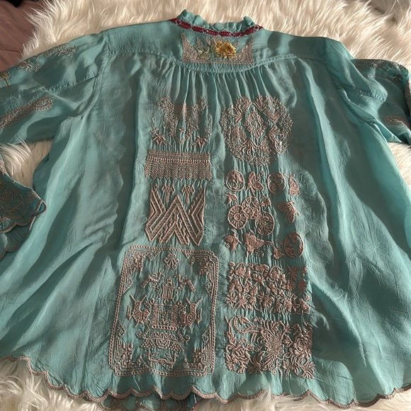 JOHNNY WAS Allbee Embroidered Floral Geometric Print Ruffle Scallop Hem Blouse - Picture 8 of 11